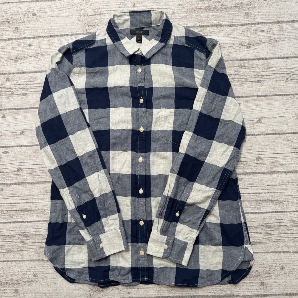 J.Crew Shirt Women's 10 Navy White Buffalo Check Plaid Herringbone Button Down